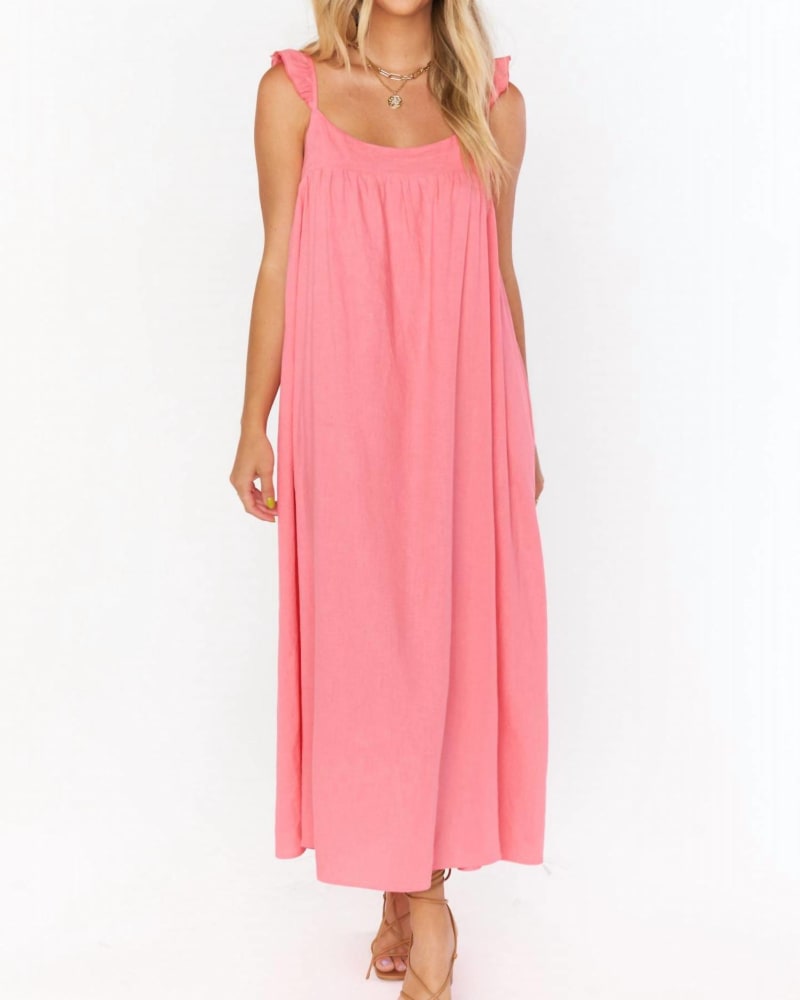 Front of a model wearing a size Large Oasis Ruffle Dress in Flamingo Pink Linen in Flamingo Pink Linen by Show Me Your Mumu. | dia_product_style_image_id:335218